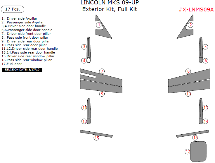 Lincoln MKS 2009, 2010, 2011, 2012, Exterior Kit, Full Interior Kit, 17 Pcs. dash trim kits options