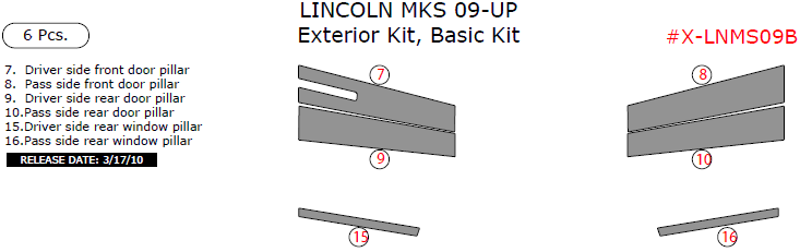 Lincoln MKS 2009, 2010, 2011, 2012, Basic Exterior Kit, 6 Pcs. dash trim kits options
