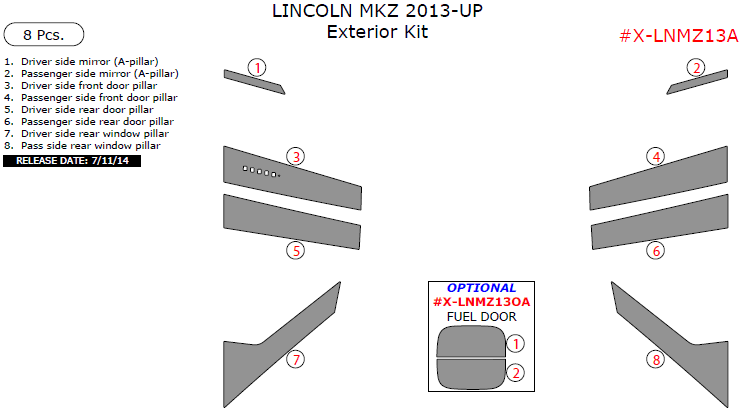 Lincoln MKZ 2013, 2014, 2015, 2016, Exterior Kit, 8 Pcs. dash trim kits options