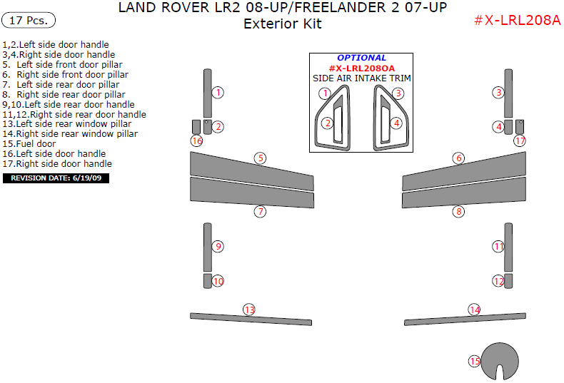 Land Rover LR2 2008, 2009, 2010, 2011, 2012/Freelander 2 2007, 2008, 2009, 2010, 2011, 2012, Exterior Kit, 17 Pcs. dash trim kits options