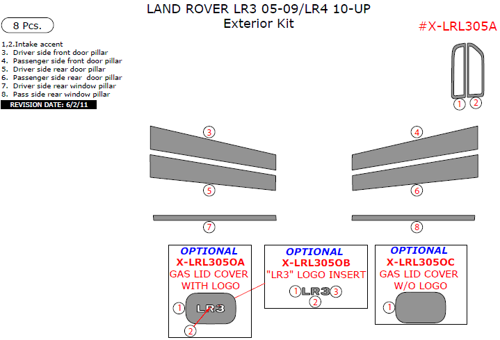 Land Rover LR3 (2005, 2006, 2007, 2008, 2009) / LR4 (2010, 2011, 2012, 2013, 2014, 2015, 2016, 2017), Exterior Kit, 8 Pcs. dash trim kits options