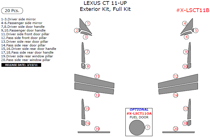 Lexus CT 2011, 2012, 2013, Exterior Kit, Full Interior Kit, 20 Pcs. dash trim kits options