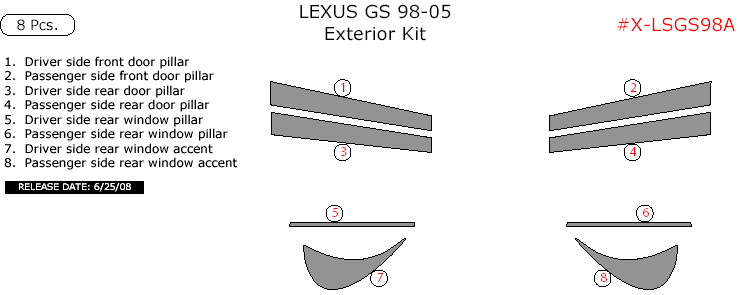 Lexus GS 1998, 1999, 2000, 2001, 2002, 2003, 2004, 2005, Exterior Kit, 8 Pcs. dash trim kits options