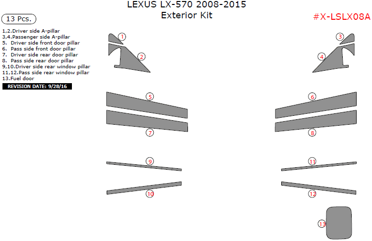 Lexus LX570 2008, 2009, 2010, 2011, 2012, 2013, 2014, 2015, Exterior Kit, 13 Pcs. dash trim kits options
