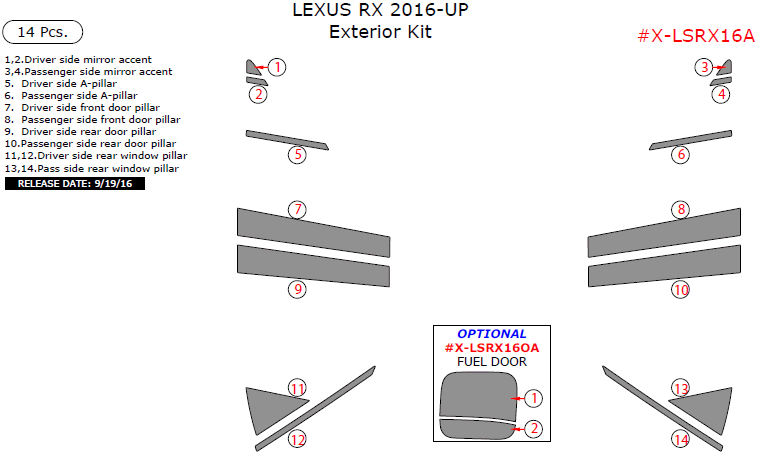 Lexus RX 2016, 2017, Exterior Kit, 14 Pcs. dash trim kits options
