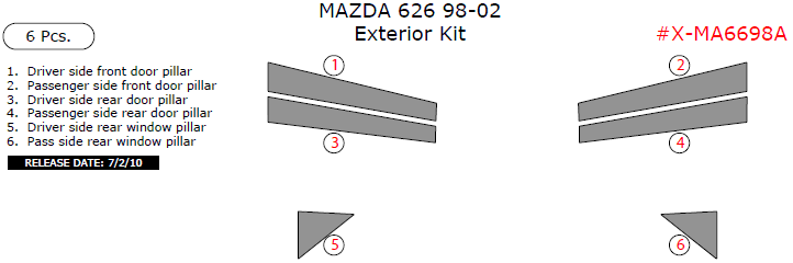 Mazda 626 1998, 1999, 2000, 2001, 2002, Exterior Kit, 6 Pcs. dash trim kits options