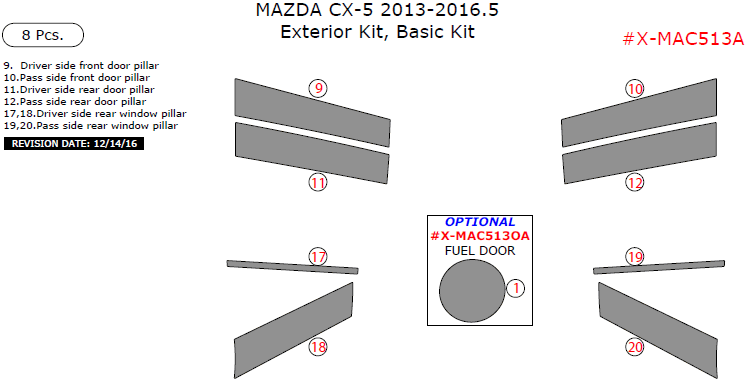 Mazda CX-5 2013, 2014, 2015, 2016.5, Basic Exterior Kit, 8 Pcs. dash trim kits options