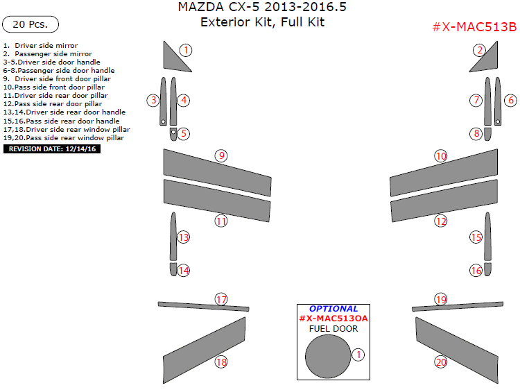 Mazda CX-5 2013, 2014, 2015, 2016.5, Exterior Kit, Full Interior Kit, 20 Pcs. dash trim kits options