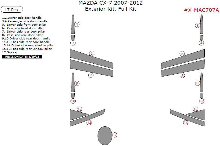 Mazda CX-7 2007, 2008, 2009, 2010, 2011, 2012, Exterior Kit, Full Interior Kit, 17 Pcs. dash trim kits options