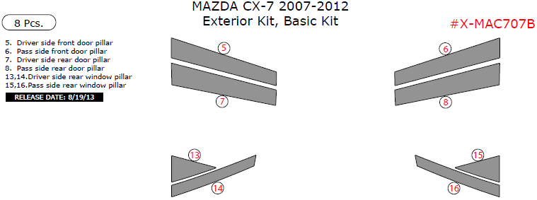 Mazda CX-7 2007, 2008, 2009, 2010, 2011, 2012, Basic Exterior Kit, 8 Pcs. dash trim kits options