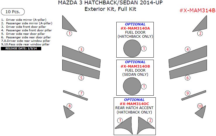 Mazda 3 2014, 2015, 2016, Exterior Kit, Full Interior Kit, 10 Pcs. dash trim kits options
