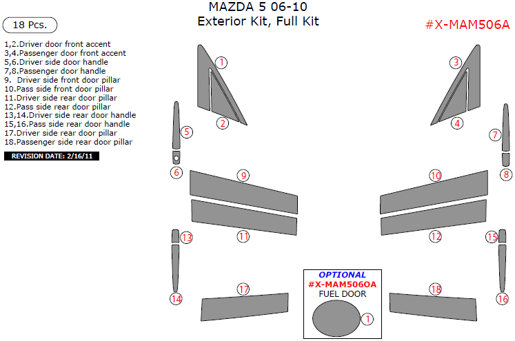 Mazda 5 2006, 2007, 2008, 2009, 2010, Exterior Kit, Full Interior Kit, 18 Pcs. dash trim kits options