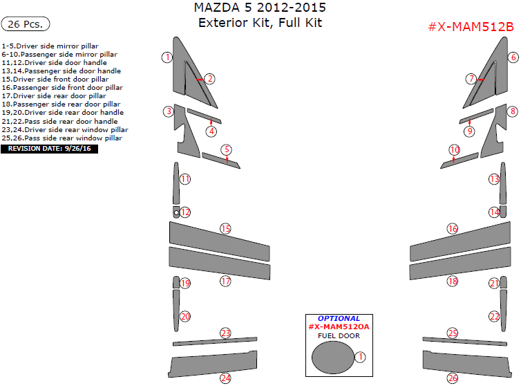 Mazda 5 2012, 2013, 2014, 2015, Exterior Kit, Full Interior Kit, 26 Pcs. dash trim kits options
