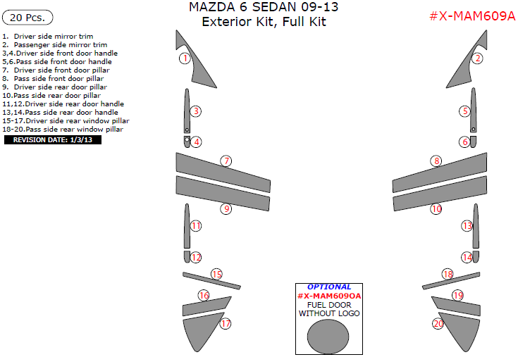 Mazda 6 2009, 2010, 2011, 2012, 2013, Exterior Kit (Sedan), Full Interior Kit, 20 Pcs. dash trim kits options