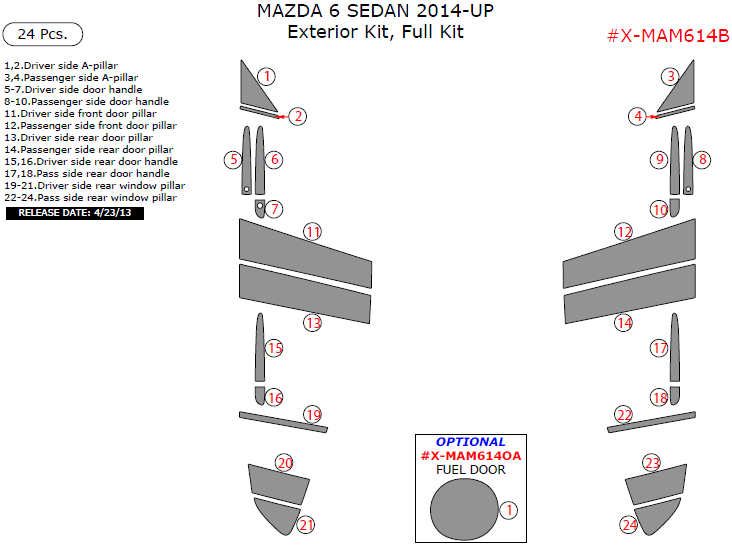 Mazda 6 2014, 2015, 2016, 2017, Exterior Kit, Full Kit (Sedan Only), 24 Pcs. dash trim kits options