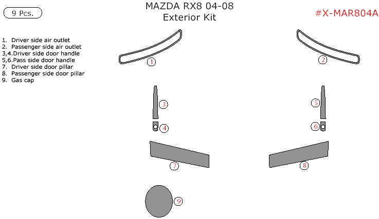 Mazda RX-8 2004, 2005, 2006, 2007, 2008, Exterior Kit, 9 Pcs. dash trim kits options