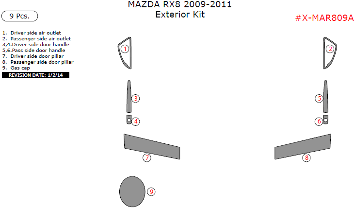 Mazda RX-8 2009, 2010, 2011, Exterior Kit, 9 Pcs. dash trim kits options