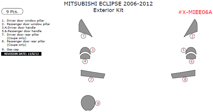 Mitsubishi Eclipse 2006, 2007, 2008, 2009, 2010, 2011, 2012, Exterior Kit, 9 Pcs. dash trim kits options