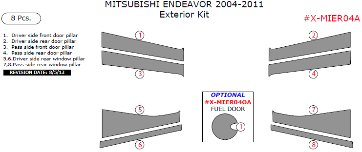 Mitsubishi Endeavor 2004, 2005, 2006, 2007, 2008, 2009, 2010, 2011, Exterior Kit, 8 Pcs. dash trim kits options