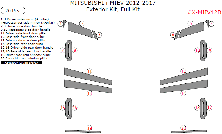Mitsubishi i-MIEV 2012, 2013, 2014, 2015, 2016, 2017, Exterior Kit, Full Interior Kit, 20 Pcs. dash trim kits options