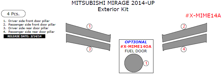 Mitsubishi Mirage 2014, 2015, 2016, 2017, Exterior Kit, 4 Pcs. dash trim kits options