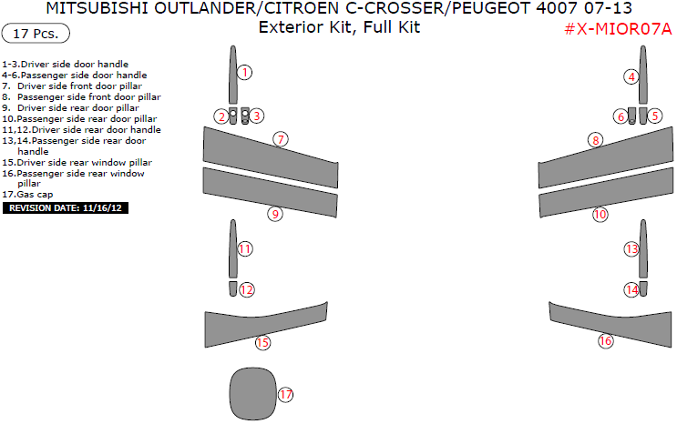 Citroen C-Crosser / Mitsubishi Outlander / Peugeot 4007 2007, 2008, 2009, 2010, 2011, 2012, 2013, Exterior Kit, Full Interior Kit, 17 Pcs. dash trim kits options