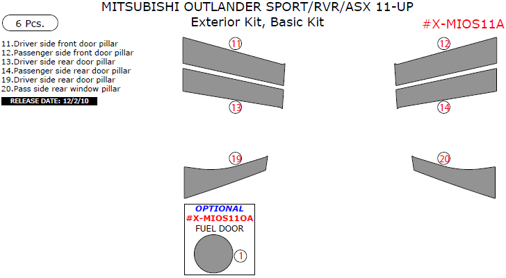 Mitsubishi ASX/Outlander Sport/RVR 2011, 2012, 2013, 2014, 2015, Basic Exterior Kit, 6 Pcs. dash trim kits options