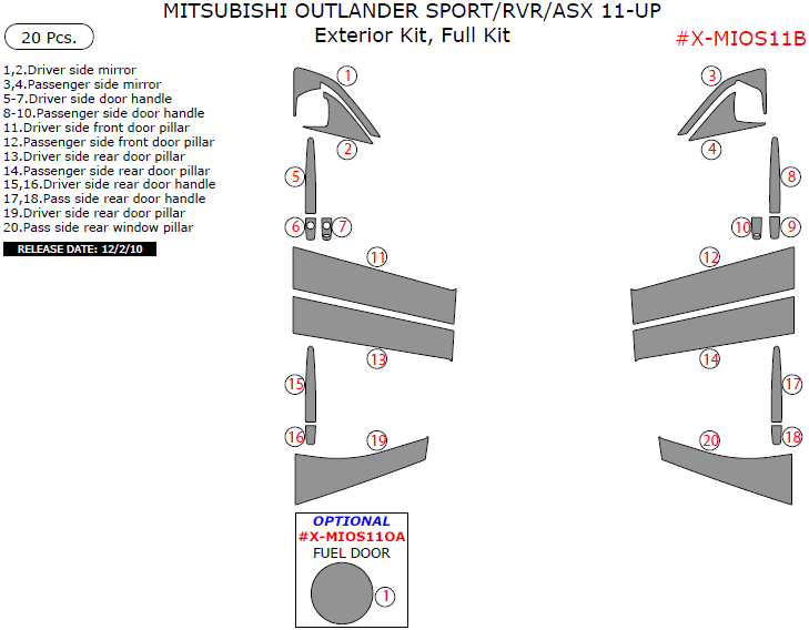 Mitsubishi ASX/Outlander Sport/RVR 2011, 2012, 2013, 2014, 2015, Exterior Kit, Full Interior Kit, 20 Pcs. dash trim kits options