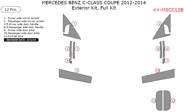 Mercedes C-Class 2012, 2013, 2014, Exterior Kit, Full Kit (Coupe Only), 12 Pcs. dash trim kits options
