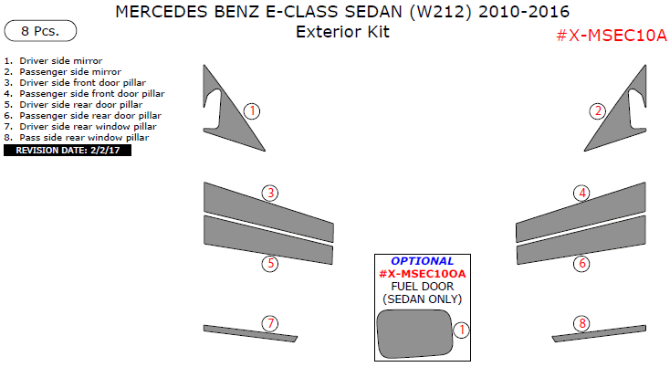 Mercedes E-Class Sedan 2010, 2011, 2012, 2013, 2014, 2015, 2016, Exterior Kit, 8 Pcs. dash trim kits options