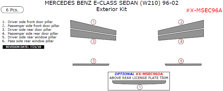 Mercedes E-Class 1996, 1997, 1998, 1999, 2000, 2001, 2002, Exterior Kit (Sedan Only), 6 Pcs. dash trim kits options