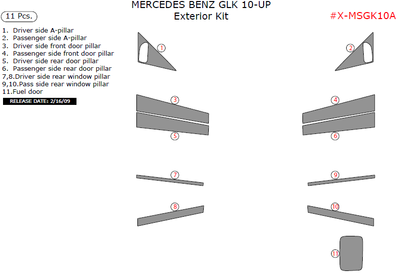 Mercedes GLK 2010, 2011, 2012, Exterior Kit, 11 Pcs. dash trim kits options