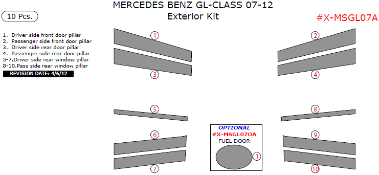 Mercedes GL Class 2007, 2008, 2009, 2010, 2011, 2012, Exterior Kit, 10 Pcs. dash trim kits options