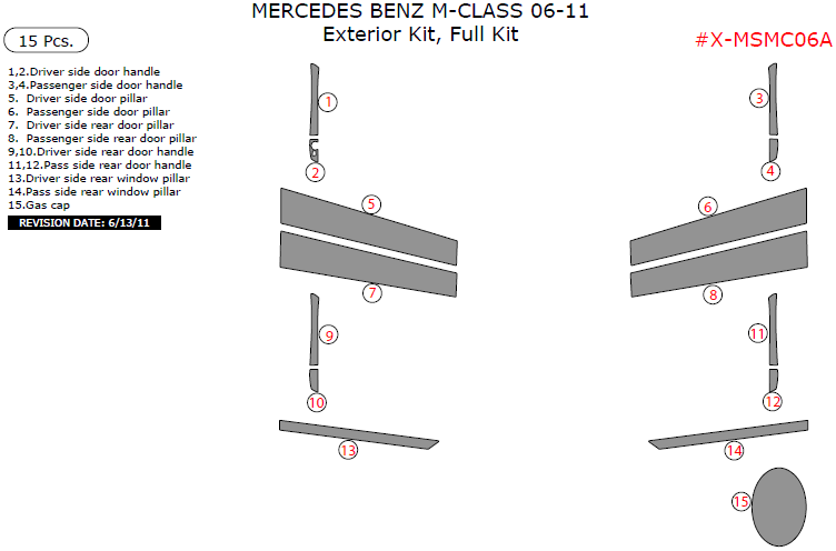 Mercedes M-Class 2006, 2007, 2008, 2009, 2010, 2011, Exterior Kit, Full Interior Kit, 15 Pcs. dash trim kits options