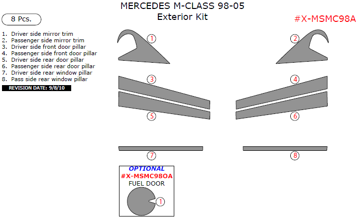 Mercedes M-Class 1998, 1999, 2000, 2001, 2002, 2003, 2004, 2005, Exterior Kit, 8 Pcs. dash trim kits options