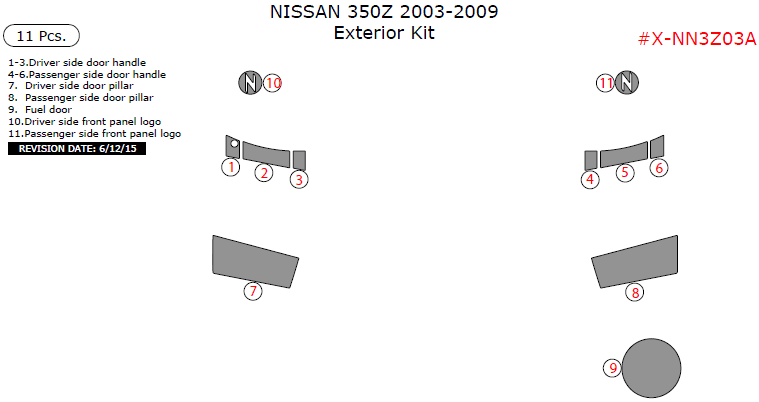 Nissan 350Z 2003, 2004, 2005, 2006, 2007, 2008, 2009, Exterior Kit, 11 Pcs dash trim kits options