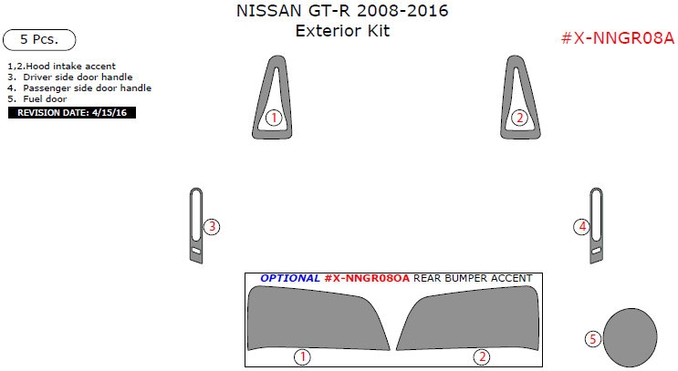 Nissan GT-R 2008, 2009, 2010, 2011, 2012, 2013, 2014, 2015, 2016, Exterior Kit, 5 Pcs. dash trim kits options