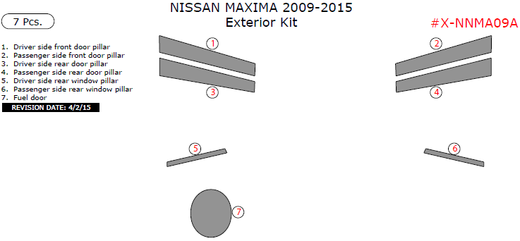 Nissan Maxima 2009, 2010, 2011, 2012, 2013, 2014, 2015, Exterior Kit, 7 Pcs. dash trim kits options