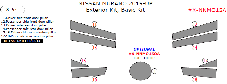 Nissan Murano 2015, 2016, 2017, Basic Exterior Kit, 8 Pcs. dash trim kits options