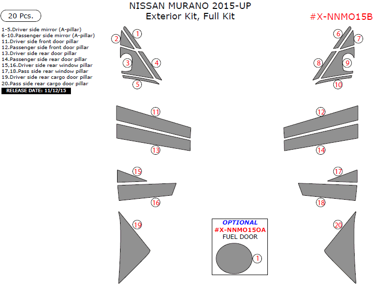 Nissan Murano 2015, 2016, 2017, Exterior Kit, Full Interior Kit, 20 Pcs. dash trim kits options