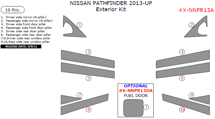 Nissan Pathfinder 2013, 2014, 2015, 2016, 2017, 2018, Exterior Kit, 10 Pcs. dash trim kits options