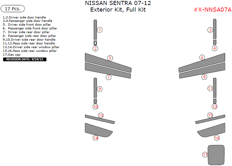 Nissan Sentra 2007, 2008, 2009, 2010, 2011, 2012, Exterior Kit, Full Interior Kit, 17 Pcs. dash trim kits options
