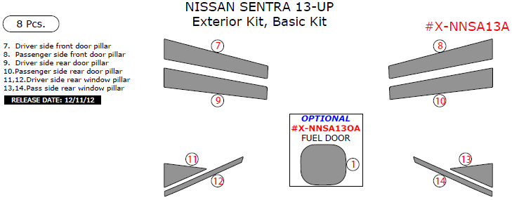 Nissan Sentra 2013, 2014, 2015, Basic Exterior Kit, 8 Pcs. dash trim kits options