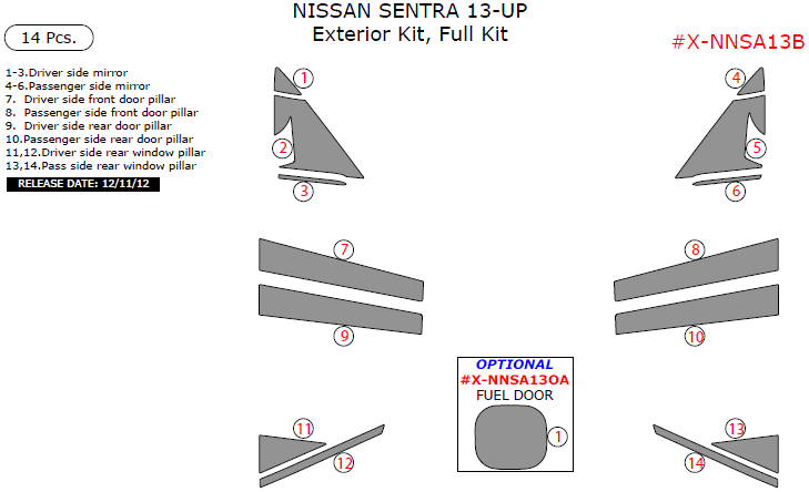 Nissan Sentra 2013, 2014, 2015, Exterior Kit, Full Interior Kit, 14 Pcs. dash trim kits options