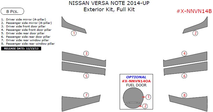 Nissan Versa Note 2014, 2015, 2016, Exterior Kit, Full Interior Kit, 8 Pcs. dash trim kits options