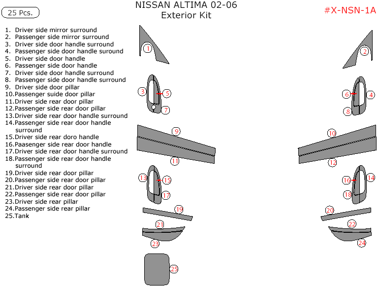 Nissan Altima 2002, 2003, 2004, 2005, 2006, Exterior Trim Kit, 25 Pcs. dash trim kits options