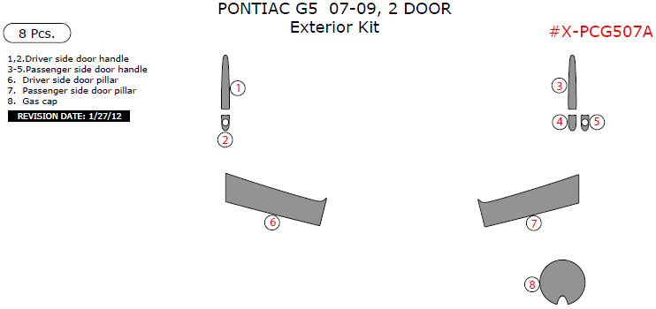 Pontiac G5 2007, 2008, 2009, 2 Door, Exterior Kit, 8 Pcs. dash trim kits options