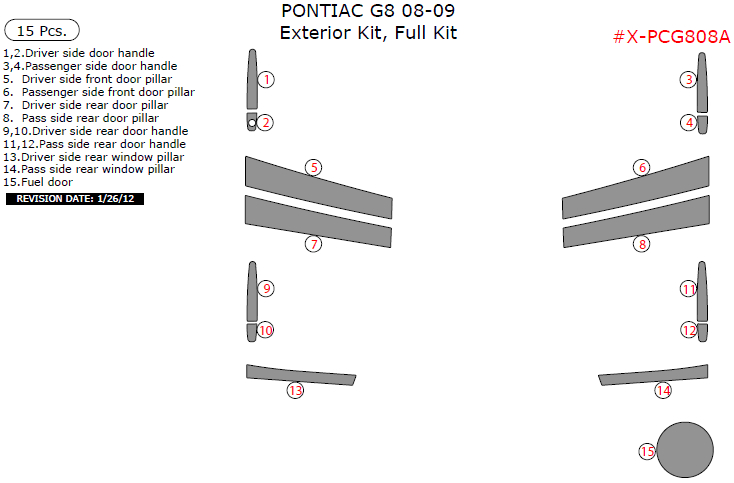 Pontiac G8 2008-2009, Exterior Kit, Full Interior Kit, 15 Pcs. dash trim kits options