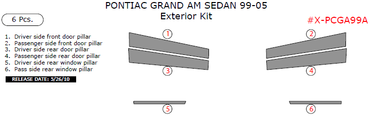 Pontiac Grand Am 1999, 2000, 2001, 2002, 2003, 2004, 2005, Exterior Kit (Sedan Only), 6 Pcs. dash trim kits options