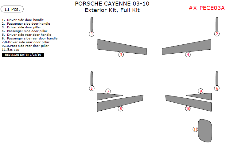 Porsche Cayenne 2003, 2004, 2005, 2006, 2007, 2008, 2009, 2010, Exterior Kit, Full Interior Kit, 11 Pcs. dash trim kits options
